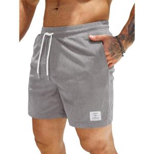 JMIERR Men’s Corduroy Shorts Casual Elastic Waist Drawstring Lightweight Summer Beach Shorts(C Grey)