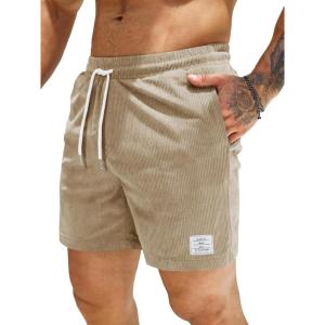 JMIERR Men’s Corduroy Shorts Casual Elastic Waist Drawstring Lightweight Summer Beach Shorts(C Parchment)