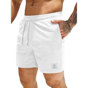 JMIERR Men’s Corduroy Shorts Casual Elastic Waist Drawstring Lightweight Summer Beach Shorts(C White)