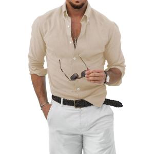 JMIERR Men’s Cotton Linen Button Down Shirt Casual Stylish Long Sleeve Business Dress Shirts(01 Beige)