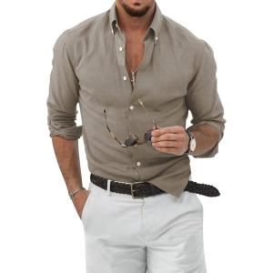 JMIERR Men’s Cotton Linen Button Down Shirt Casual Stylish Long Sleeve Business Dress Shirts(A Khaki)