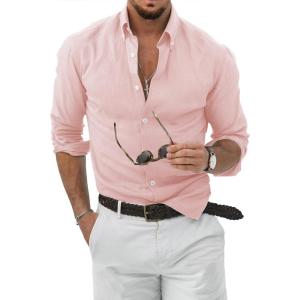 JMIERR Men’s Cotton Linen Button Down Shirt Casual Stylish Long Sleeve Business Dress Shirts(B Pink)