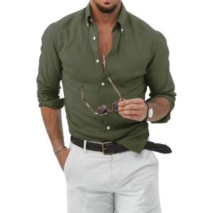 JMIERR Men’s Cotton Linen Button Down Shirt Casual Stylish Long Sleeve Business Dress Shirts(C Green8)