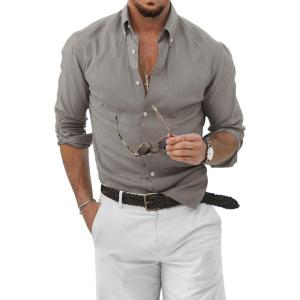 JMIERR Men’s Cotton Linen Button Down Shirt Casual Stylish Long Sleeve Business Dress Shirts(D Light Grey)