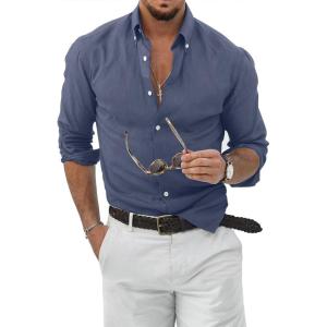 JMIERR Men’s Cotton Linen Button Down Shirt Casual Stylish Long Sleeve Business Dress Shirts(E Blue2)