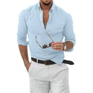 JMIERR Men’s Cotton Linen Button Down Shirt Casual Stylish Long Sleeve Business Dress Shirts(E Sky Blue2)