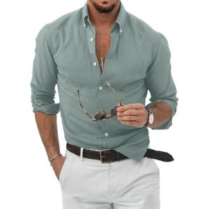 JMIERR Men’s Cotton Linen Button Down Shirt Casual Stylish Long Sleeve Business Dress Shirts(E2 Sky Blue)