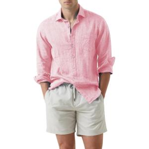 JMIERR Mens Cotton Linen Casual Stylish Button Down Shirt Long Sleeve Dress Shirts(02 Pink)