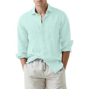 JMIERR Mens Cotton Linen Casual Stylish Button Down Shirt Long Sleeve Dress Shirts(A1 Green)