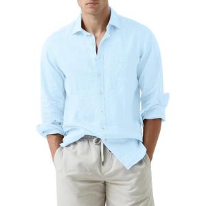 JMIERR Mens Cotton Linen Casual Stylish Button Down Shirt Long Sleeve Dress Shirts(A1 Light Blue)