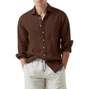 JMIERR Mens Cotton Linen Casual Stylish Button Down Shirt Long Sleeve Dress Shirts(B2 Brown)