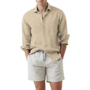 JMIERR Mens Cotton Linen Casual Stylish Button Down Shirt Long Sleeve Dress Shirts(B5 Khaki)