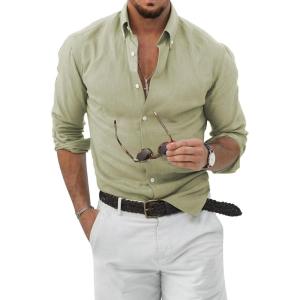 JMIERR Mens Cotton Linen Casual Stylish Button Down Shirt Long Sleeve Dress Shirts(C Green4)
