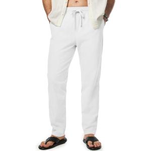 JMIERR Mens Cotton Pants Casual Elastic Waist Drawstring Lightweight Summer Beach Trousers with Pockets(1 White)