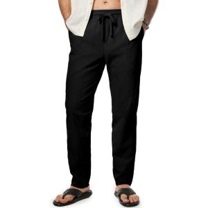 JMIERR Mens Cotton Pants Casual Elastic Waist Drawstring Lightweight Summer Beach Trousers with Pockets(3 Black)