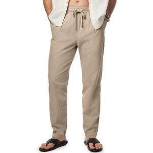 JMIERR Mens Cotton Pants Casual Elastic Waist Drawstring Lightweight Summer Beach Trousers with Pockets(4 Khaki)