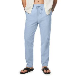 JMIERR Mens Cotton Pants Casual Elastic Waist Drawstring Lightweight Summer Beach Trousers with Pockets(Beau Blue)