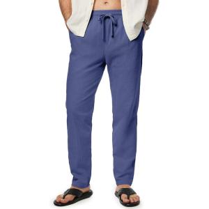 JMIERR Mens Cotton Pants Casual Elastic Waist Drawstring Lightweight Summer Beach Trousers with Pockets(Dark Blue)