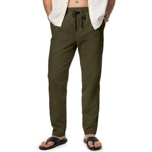 JMIERR Mens Cotton Pants Casual Elastic Waist Drawstring Lightweight Summer Beach Trousers with Pockets(Dark Green)