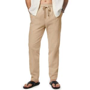 JMIERR Mens Cotton Pants Casual Elastic Waist Drawstring Lightweight Summer Beach Trousers with Pockets(Khaki 2)