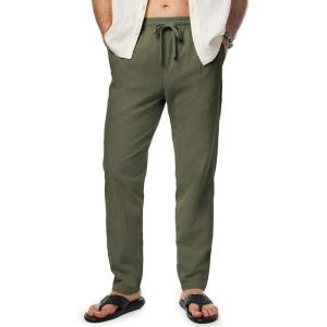 JMIERR Mens Cotton Pants Casual Elastic Waist Drawstring Lightweight Summer Beach Trousers with Pockets(Moss Green)