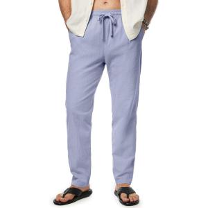 JMIERR Mens Cotton Pants Casual Elastic Waist Drawstring Lightweight Summer Beach Trousers with Pockets(Sky Blue)