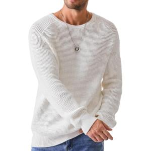 JMIERR Men’s Crewneck Pullover Sweater Waffle Textured Knitted Sweaters Casual Loose Fit Sweaters with Ribbing Edge(01 White)