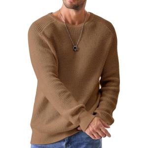 JMIERR Men’s Crewneck Pullover Sweater Waffle Textured Knitted Sweaters Casual Loose Fit Sweaters with Ribbing Edge(06 Khaki)