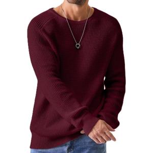 JMIERR Men’s Crewneck Pullover Sweater Waffle Textured Knitted Sweaters Casual Loose Fit Sweaters with Ribbing Edge(07 Burgundy)