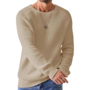 JMIERR Men’s Crewneck Pullover Sweater Waffle Textured Knitted Sweaters Casual Loose Fit Sweaters with Ribbing Edge(08 Light Khaki)