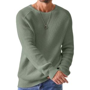 JMIERR Men’s Crewneck Pullover Sweater Waffle Textured Knitted Sweaters Casual Loose Fit Sweaters with Ribbing Edge(Grass Green)