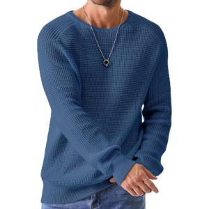 JMIERR Men’s Crewneck Pullover Sweater Waffle Textured Knitted Sweaters Casual Loose Fit Sweaters with Ribbing Edge(Prussian Blue)