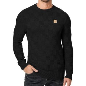 JMIERR Men’s Crewneck Sweater Casual Fall Checkered Long Sleeve Knit Pullover Sweaters(Black)