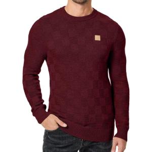 JMIERR Men’s Crewneck Sweater Casual Fall Checkered Long Sleeve Knit Pullover Sweaters(Burgundy)