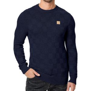 JMIERR Men’s Crewneck Sweater Casual Fall Checkered Long Sleeve Knit Pullover Sweaters(Navy Blue)