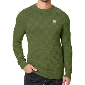 JMIERR Men’s Crewneck Sweater Casual Fall Checkered Long Sleeve Knit Pullover Sweaters(Olive Green)