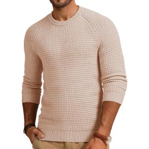 JMIERR Mens Crewneck Sweater Waffle Textured Knitted Solid Pullover Casual Daily Wear Soft 2025 Fashion Pullovers(Light French Beige)