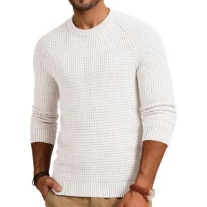 JMIERR Mens Crewneck Sweater Waffle Textured Knitted Solid Pullover Casual Daily Wear Soft 2025 Fashion Pullovers(Off-white)