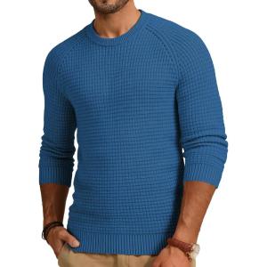 JMIERR Mens Crewneck Sweater Waffle Textured Knitted Solid Pullover Casual Daily Wear Soft 2025 Fashion Pullovers(Prussian Blue)
