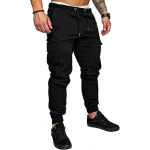 JMIERR Mens Fashion Cargo Pants – Casual Cotton Tapered Stretch Twill Drawstring Athletic Joggers Sweatpants with 6 Pockets(1 Black)