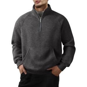 JMIERR Men’s Fleece Quarter Zip Pullover Sweater Casual Cotton Fall Winter Family Outfit Warm Mock Neck with Pockets(1 Dark Grey)