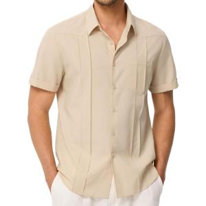 JMIERR Mens Guayabera Shirt Short Sleeves Casual Button Down Shirt Summer Beach Wedding Shirts with Pocket(Apricot)