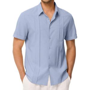 JMIERR Mens Guayabera Shirt Short Sleeves Casual Button Down Shirt Summer Beach Wedding Shirts with Pocket(Beau Blue)