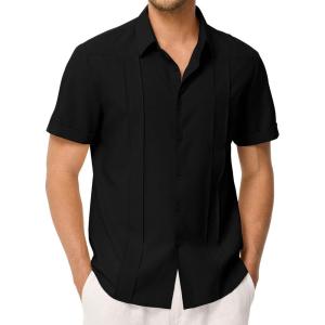 JMIERR Mens Guayabera Shirt Short Sleeves Casual Button Down Shirt Summer Beach Wedding Shirts with Pocket(Black)