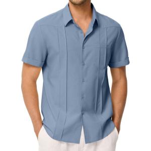 JMIERR Mens Guayabera Shirt Short Sleeves Casual Button Down Shirt Summer Beach Wedding Shirts with Pocket(Dusk Blue)