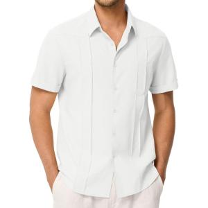 JMIERR Mens Guayabera Shirt Short Sleeves Casual Button Down Shirt Summer Beach Wedding Shirts with Pocket(White)