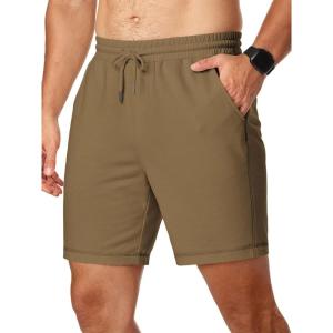JMIERR Mens Gym Shorts Cotton 7″ Running Comfy Workout Shorts Zipper Pocket Sweat Shorts(B Brown)