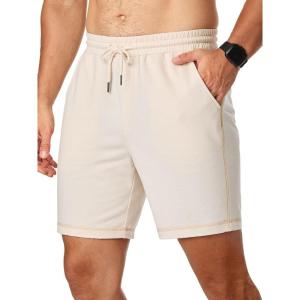 JMIERR Mens Gym Shorts Cotton 7″ Running Comfy Workout Shorts Zipper Pocket Sweat Shorts(D Beige)