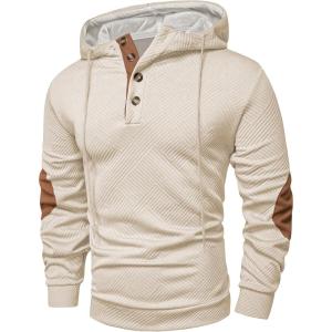 JMIERR Mens Hoodies Fall Casual Cotton Textured Long Sleeve Half Button Pullover Hooded Sweatshirts(Beige)