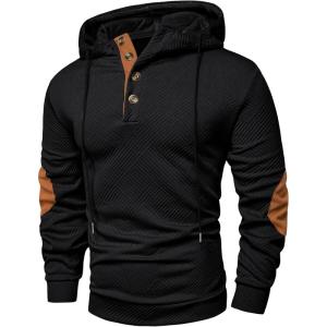 JMIERR Mens Hoodies Fall Casual Cotton Textured Long Sleeve Half Button Pullover Hooded Sweatshirts(Black)